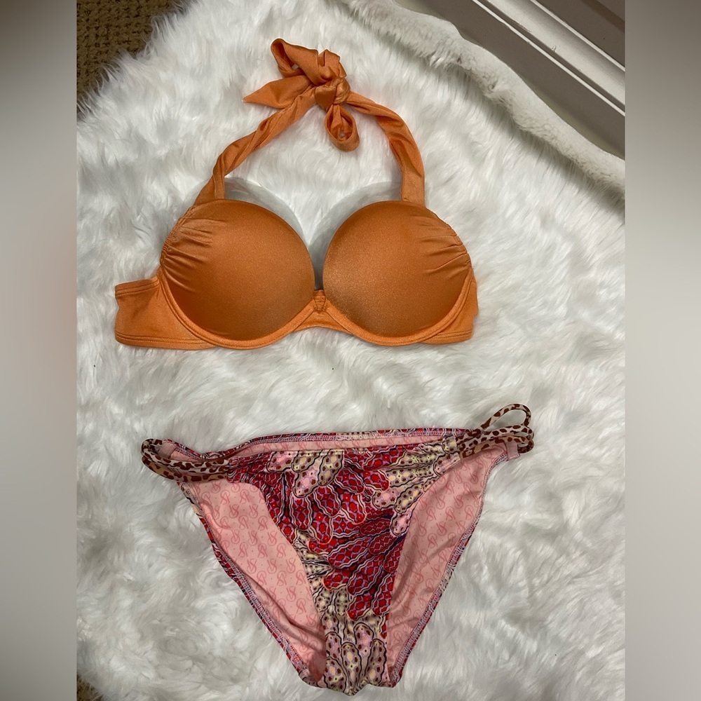 Bombshell Victoria's Secret Orange Halter Bikini Top with Pink Patterned Bottoms